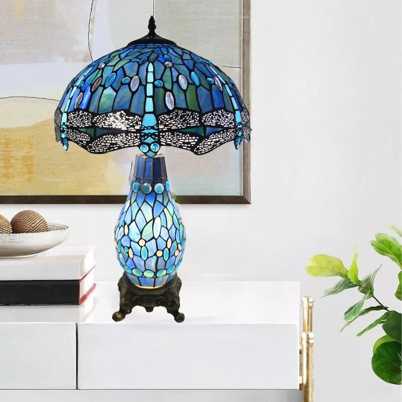 Handcrafted Blue Stained Glass Table Lamp