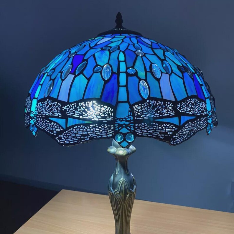 Art Deco Blue Dragonfly Stained Glass Table Lamp