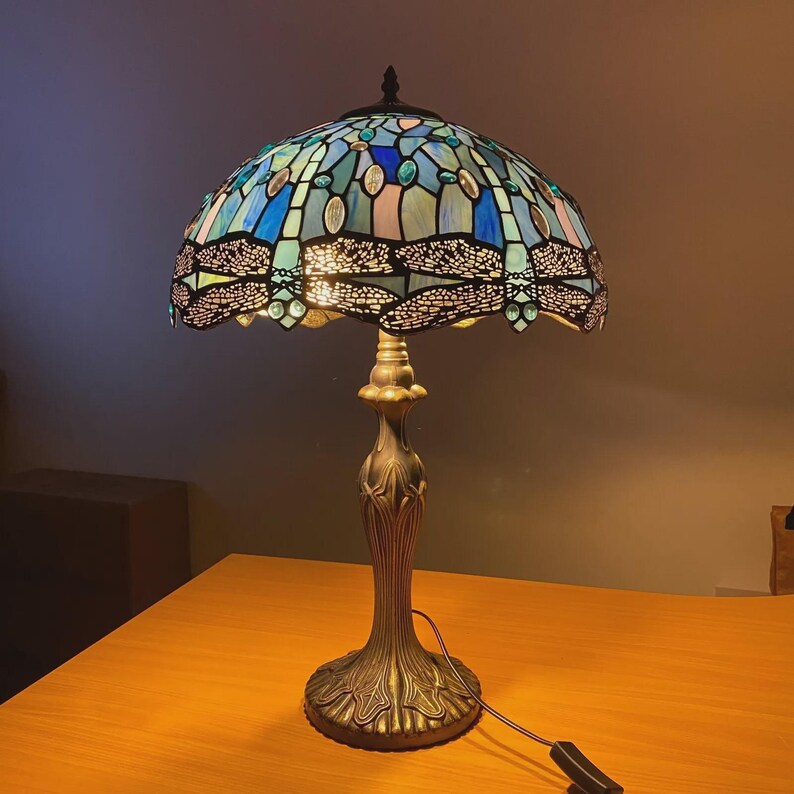 Art Deco Blue Dragonfly Stained Glass Table Lamp