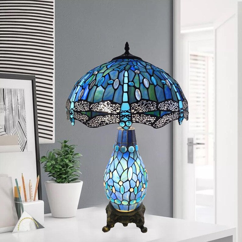 Handcrafted Blue Stained Glass Table Lamp