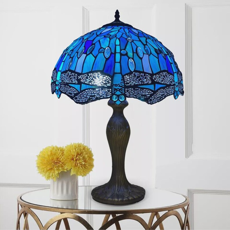 Art Deco Blue Dragonfly Stained Glass Table Lamp