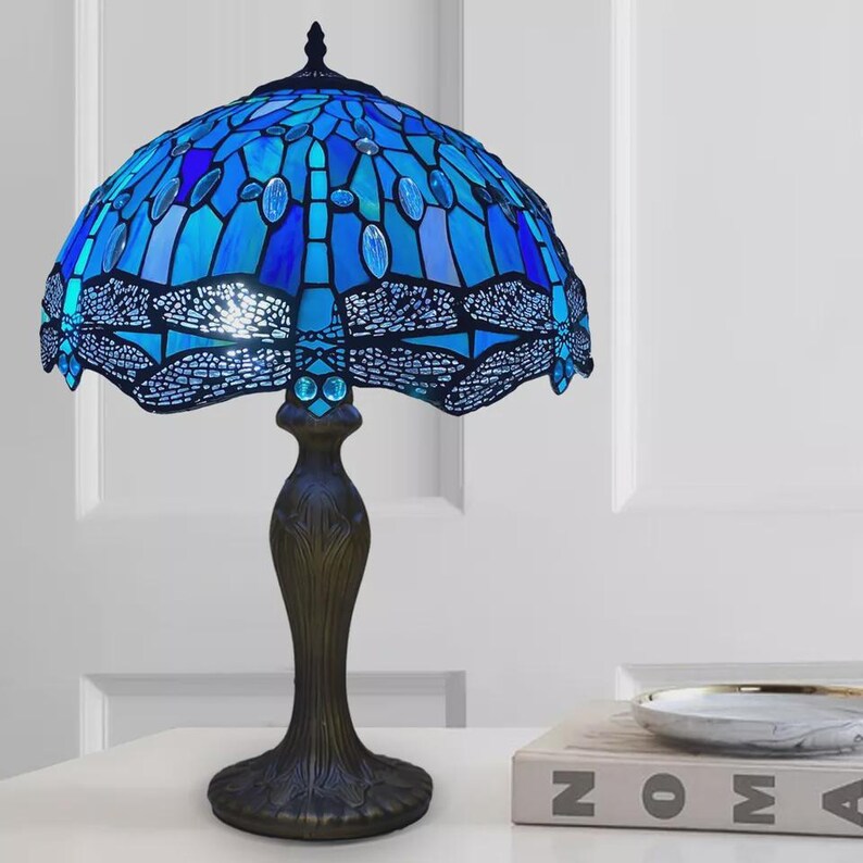 Art Deco Blue Dragonfly Stained Glass Table Lamp