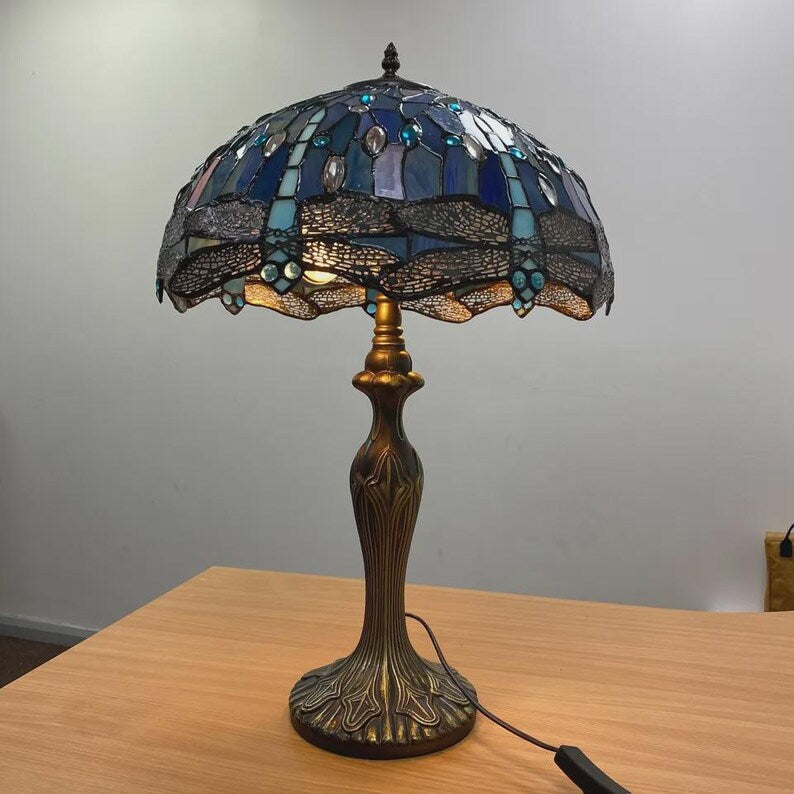 Art Deco Blue Dragonfly Stained Glass Table Lamp