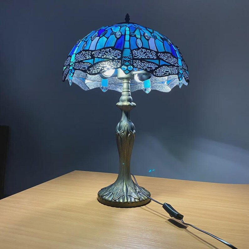 Art Deco Blue Dragonfly Stained Glass Table Lamp